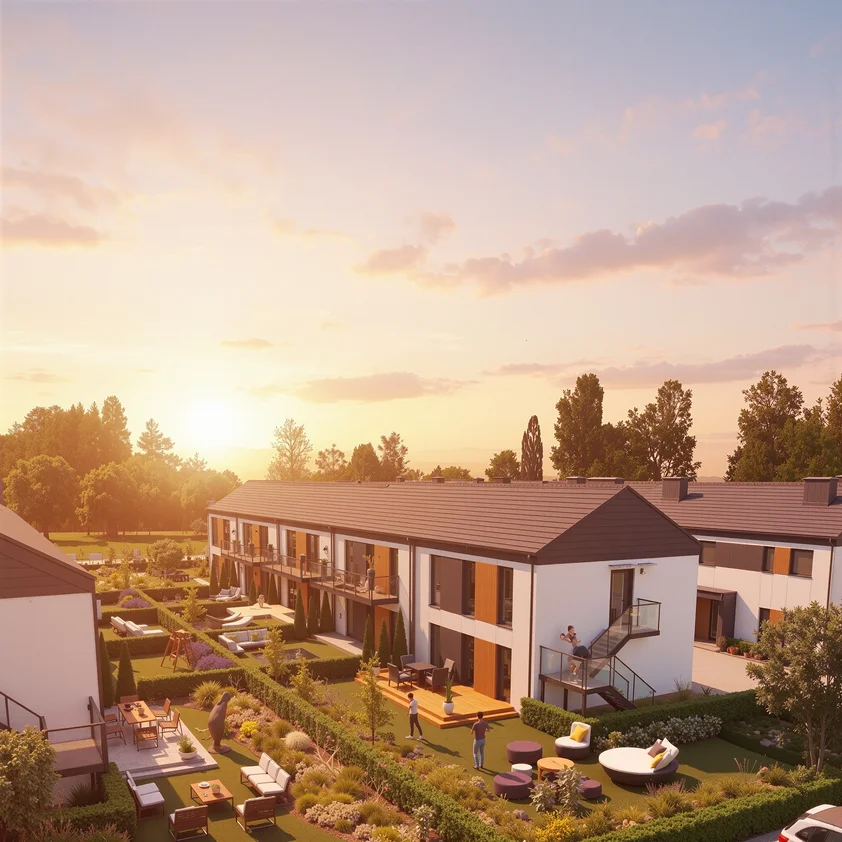 Wizualizacja logo na tle budynków osiedla